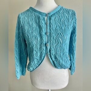 Blue Cottagecore Linen Blend Knit Sparkly Cardigan with Blue Flower Buttons L